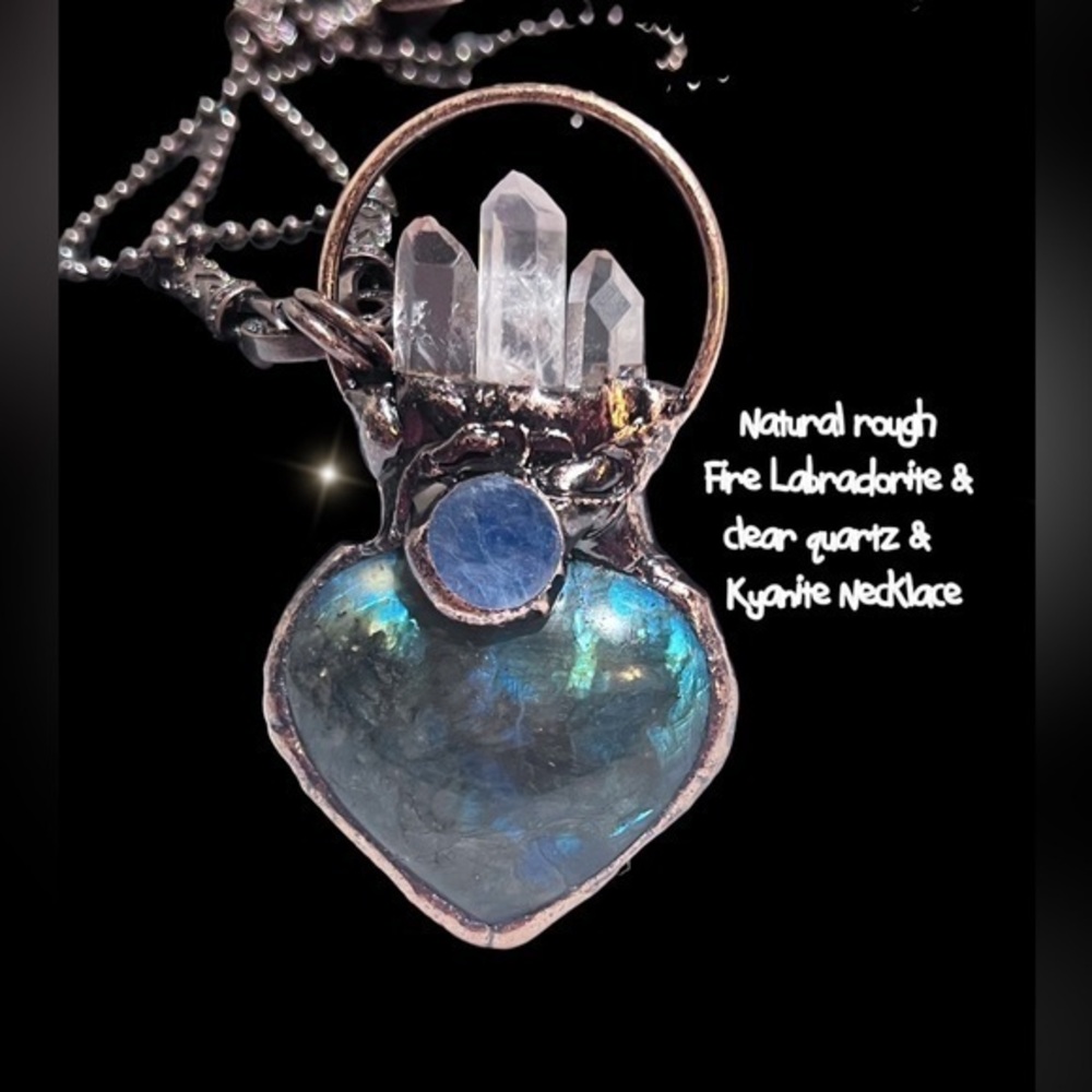 witch Jewelry Natural  raw  fire labradorite & clear quartz & kyanite  Necklace
